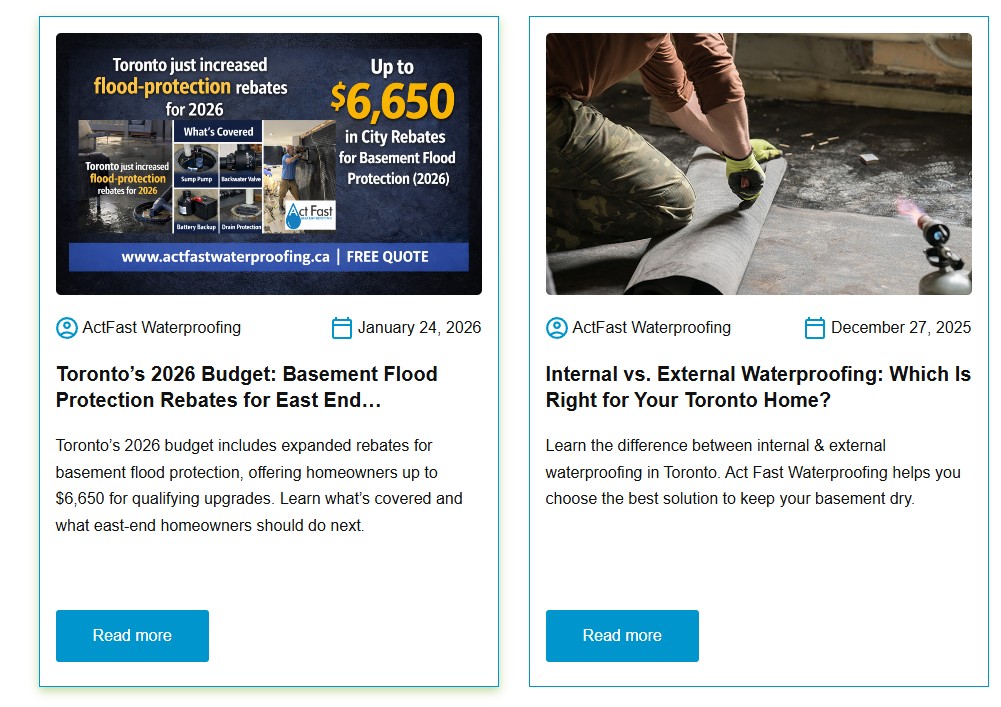 Act Fast Waterproofing article cards showing regional SEO and homeowner education content