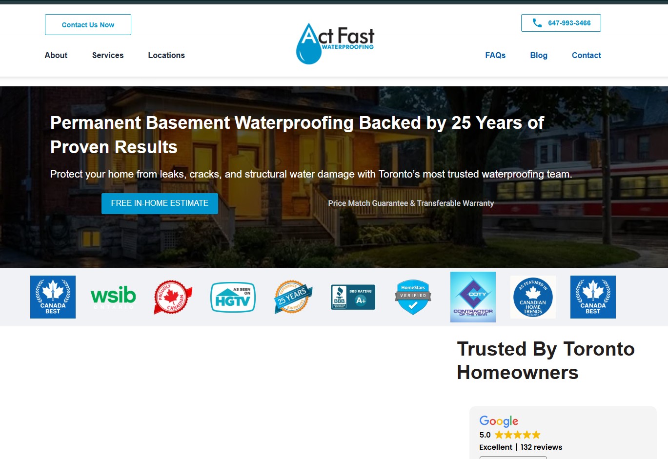 Act Fast Waterproofing website showing a modern website, proof, and regional service targeting