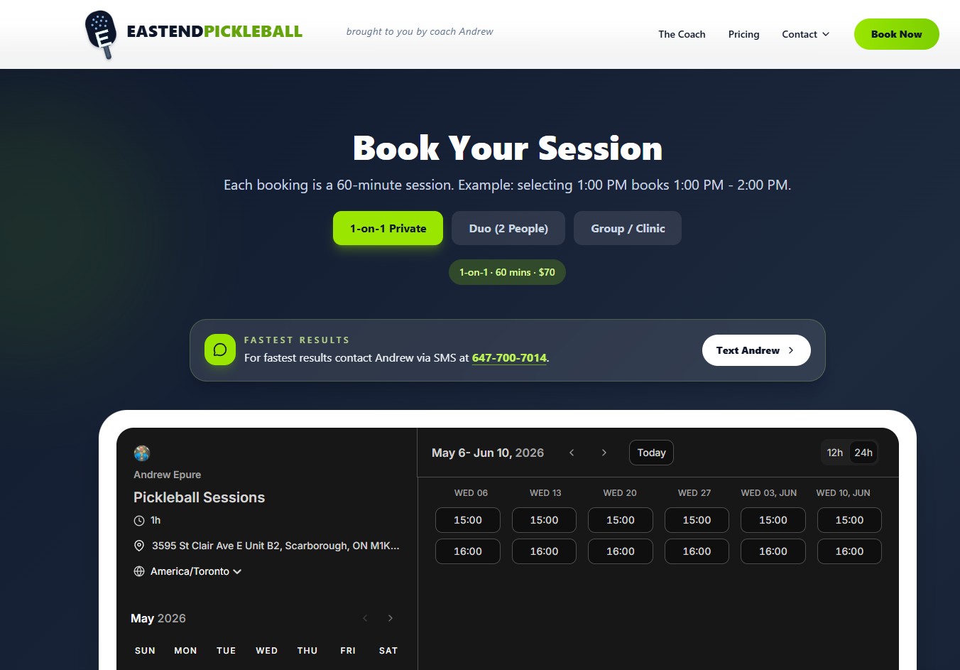 East End Pickleball website showing lesson booking structure
