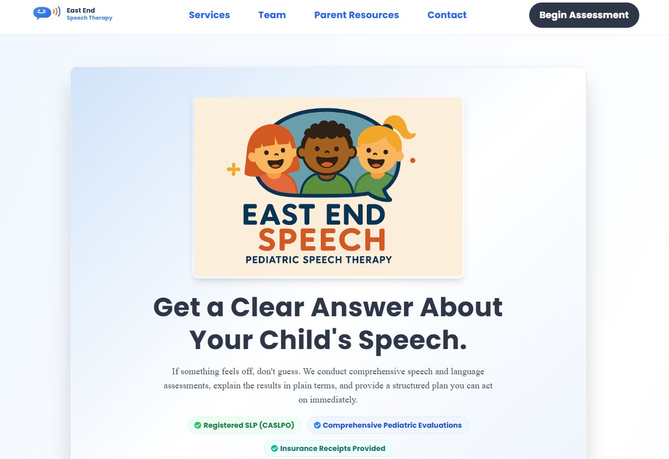 East End Speech website showing pediatric speech therapy service positioning